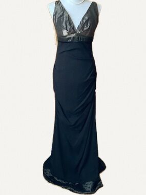 NICOLE MILLER Black Bronze Silk Plunge Backless Formal Gown Maxi 10